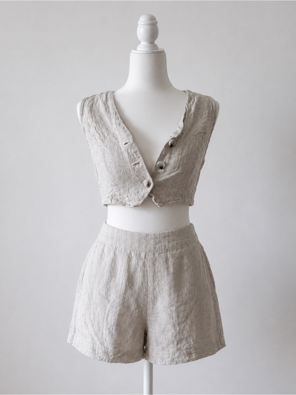 Beige Linen-Look Two Piece Vest & Shorts Set